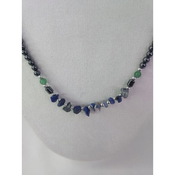 Hematite and Blue Chip and Round Green Beaded Necklace - Picture 3 of 4